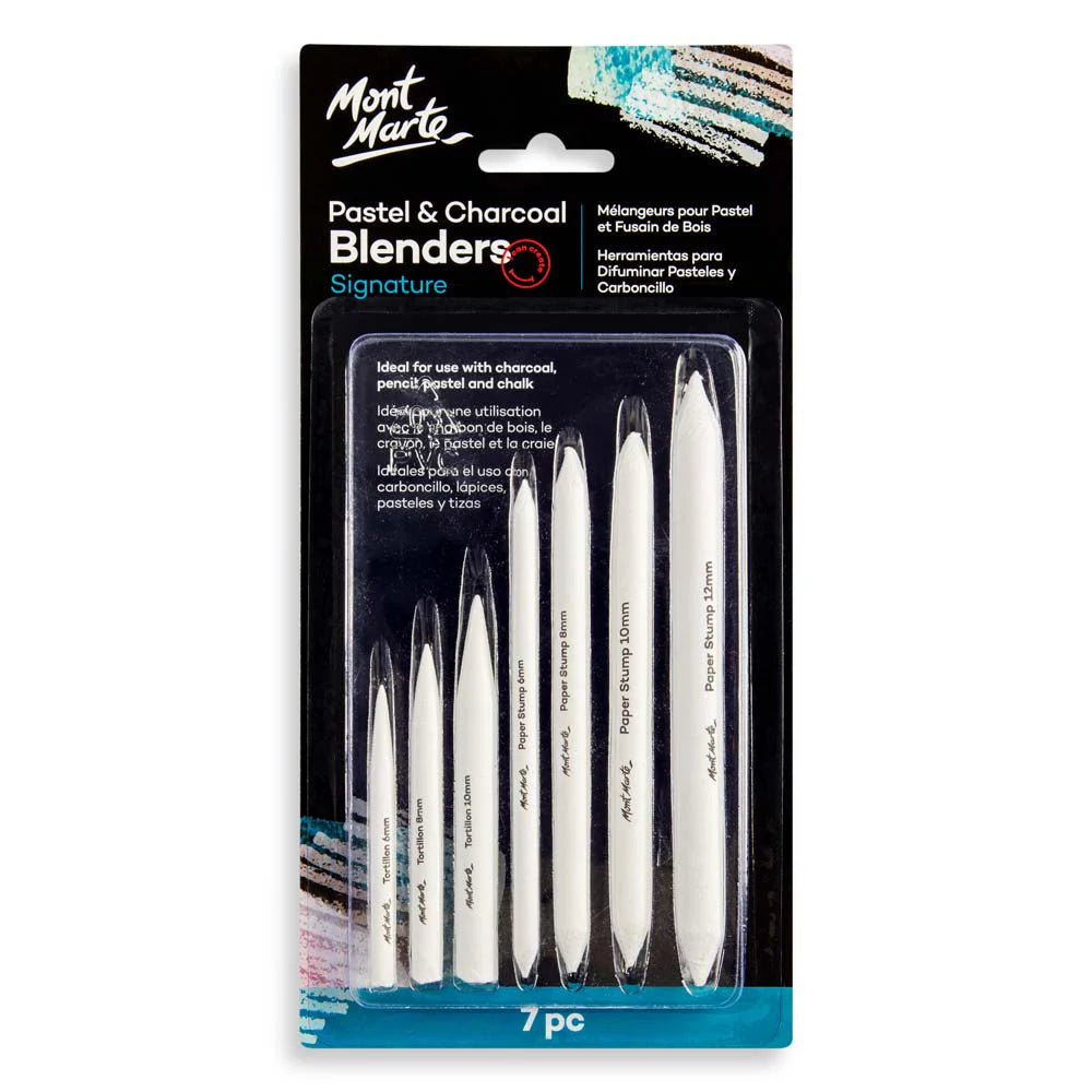 7 white blending tools including paper stumps and tortillons; Different sizes ranging from 6mm to 12mm; Blenders labelled with size and brand Mont Marte; Black and blue packaging with hanging hole;