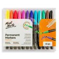 12 markers in a plastic case; various bright colours including yellow, orange, red, pink, purple, blue, green, brown, black; medium bullet tip indicated; packaging shows green and purple ink lines;
