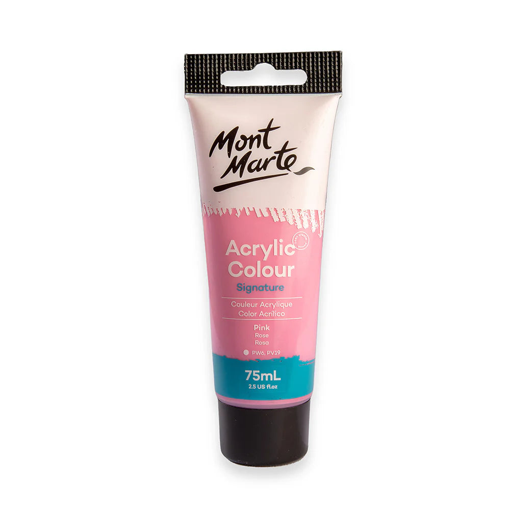 Pink coloured paint tube; 75ml size; Plastic tube with black twist cap; Mont Marte branding on tube; Label showing acrylic colour and paint details;