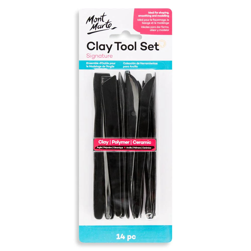 Black plastic tools; 14-piece set; Variety of sculpting shapes; Clear plastic packaging with white and blue backing; Mont Marte branding on packaging;