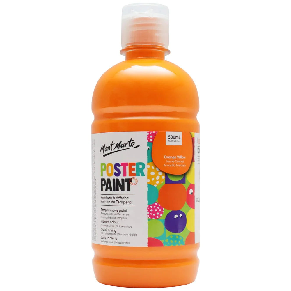 Opaque plastic bottle; Bright orange yellow paint; 500ml volume; Snap cap lid; Label with colourful design and text;