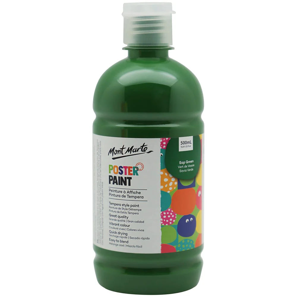 500ml plastic bottle; sap green paint colour; white flip-top cap; colourful label with Mont Marte branding; label states tempera style paint;