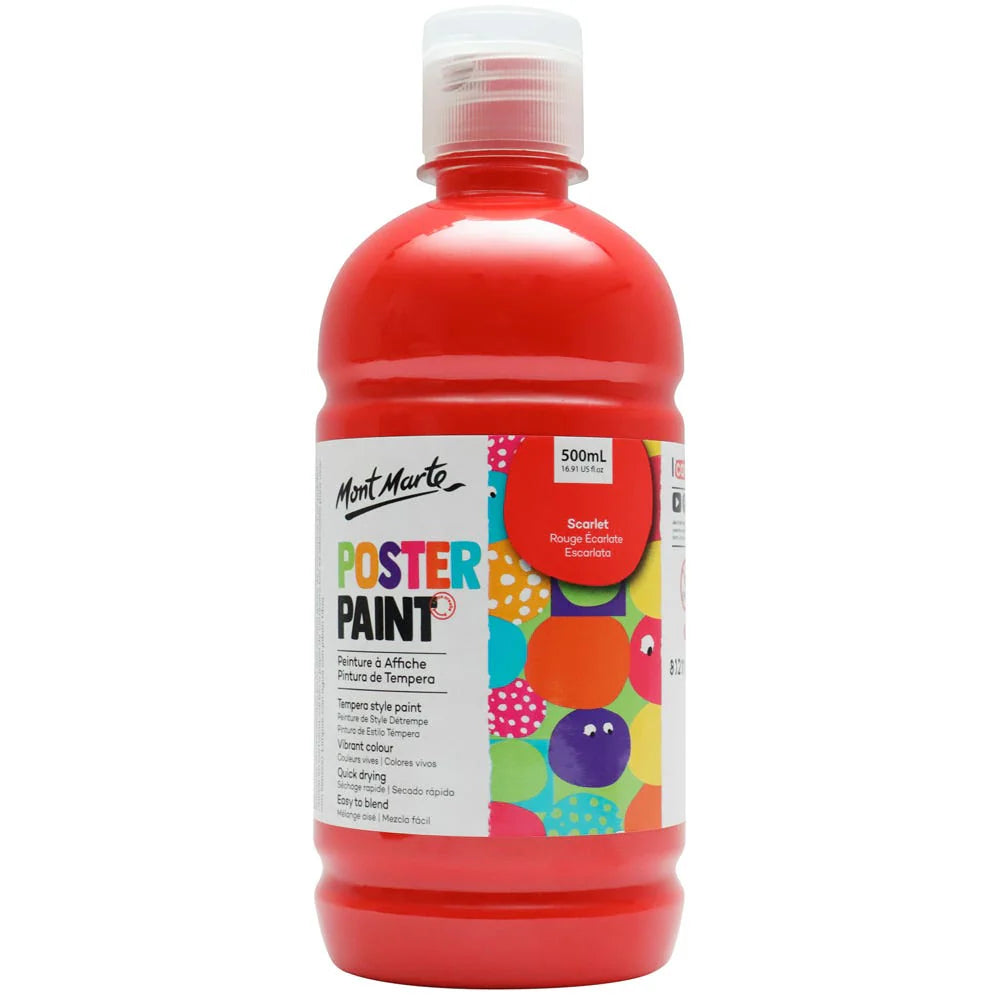 red colour; plastic bottle packaging; 500ml size; label with colourful patterns; white flip-top cap;