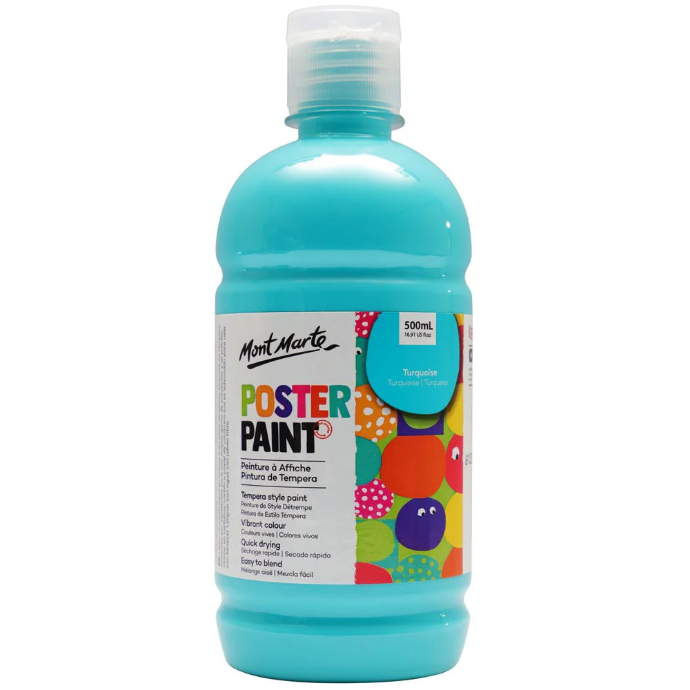 Bright turquoise colour; Plastic bottle with screw cap; 500ml labelled volume; Colourful patterned label; Opaque plastic container;