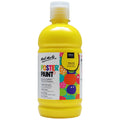 Bright yellow plastic bottle; 500ml volume; Screw-top cap with flip lid; Colour label stating 'Yellow Mid'; Multicolour patterned label;