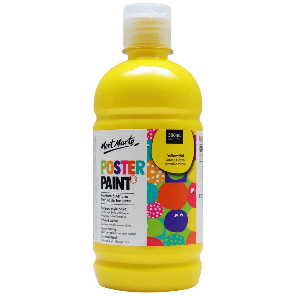 Bright yellow plastic bottle; 500ml volume; Screw-top cap with flip lid; Colour label stating 'Yellow Mid'; Multicolour patterned label;