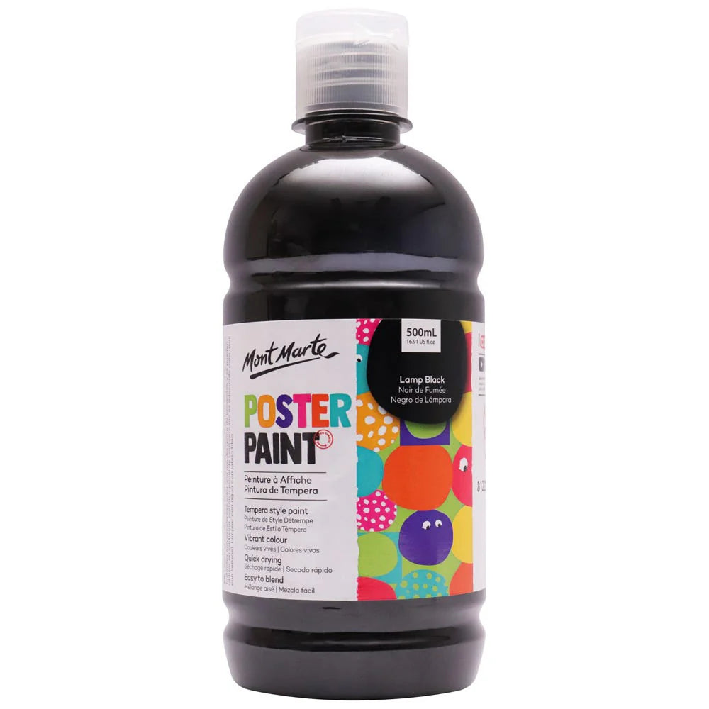 black coloured paint bottle; 500ml plastic squeeze bottle; multicoloured labelled packaging; clear plastic flip-top cap;