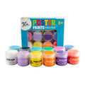 12 paint pots in assorted bright colours; Plastic screw-cap pots; Box packaging with window; Colours include white, purple, yellow, orange, green; Mont Marte branding on pots and box;