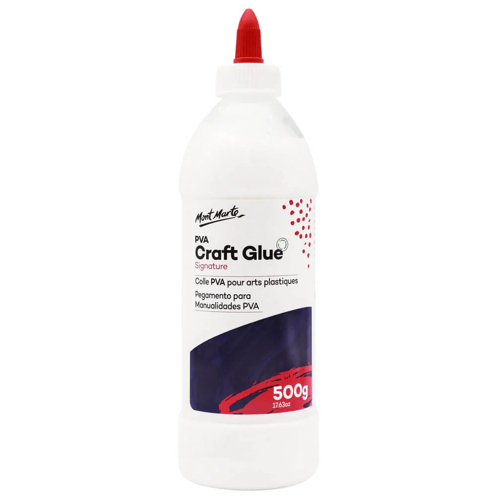 white plastic bottle; red pointed nozzle cap; label with black and red print; 500g product size; Mont Marte branding;