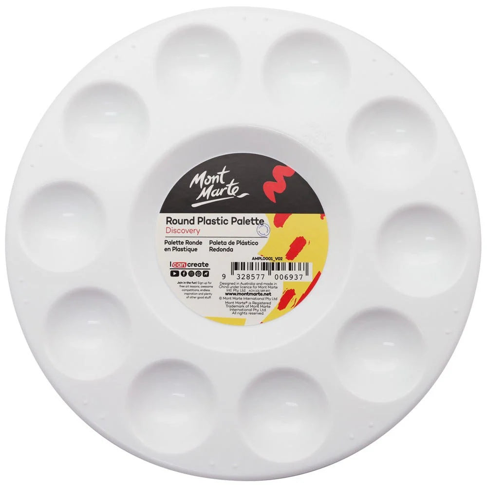 round shape; white plastic; multiple circular wells around edge; central labelled sticker; compact 17cm size;