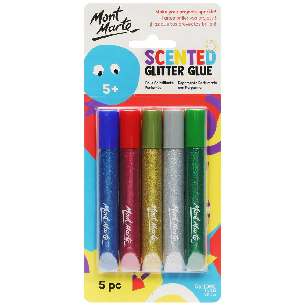 Five glitter glue sticks in blue, red, gold, silver, and green; Colour-matched caps for each glue stick; Clear plastic tubes showing glitter contents; Blister pack with colourful branded backing card; Suitable for ages 5+;