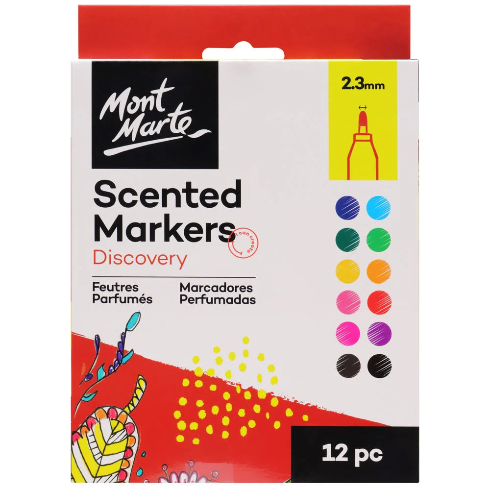 12 markers pack; various colours shown on packaging; 2.3mm marker tip size indicated; packaging features red and white colour; Mont Marte brand logo displayed;