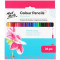 White and blue cardboard packaging with pink floral design; Visible 24 colour pencil tips showing a range of bright colours; Compact rectangular box shape with hanging tab at top; Black Mont Marte logo and text on packaging;