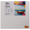 Square canvas 40x40cm; White primed canvas surface; Pine wood frame visible on edges; Art label with boat image on front;