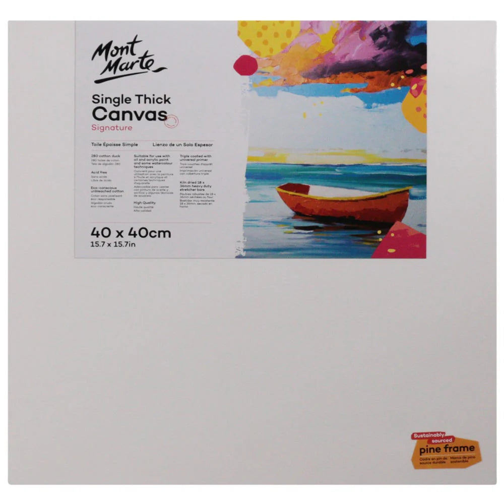 Square canvas 40x40cm; White primed canvas surface; Pine wood frame visible on edges; Art label with boat image on front;