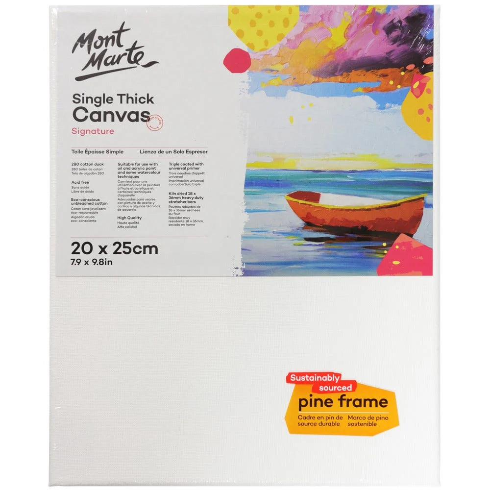 white primed cotton canvas; colourful label with boat painting; rectangular shape 20x25 cm; packaged in clear wrapping; pine wood frame;