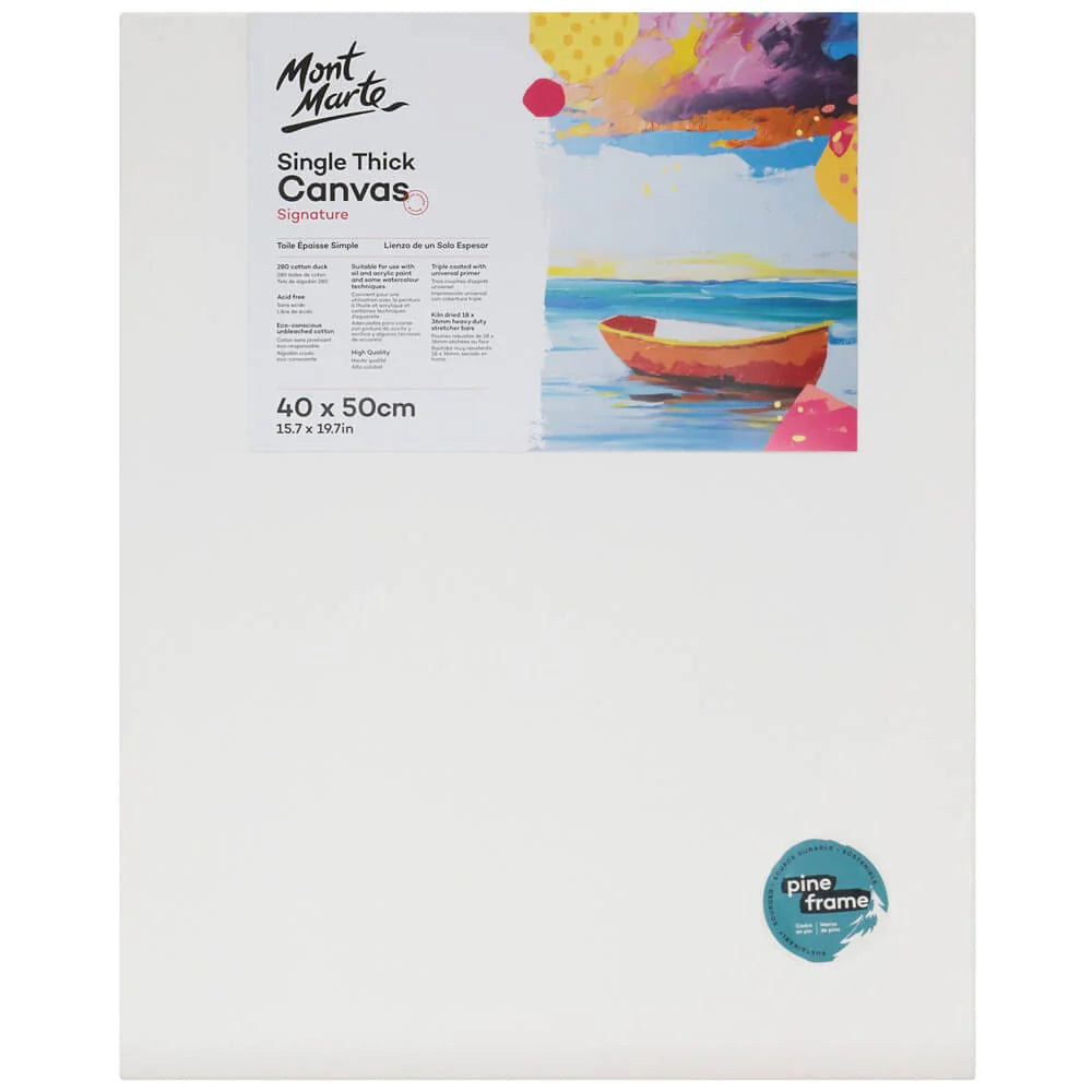 white canvas stretched on pine wooden frame; label shows colourful beach boat artwork; canvas size 40x50cm indicated on label; eco-conscious unbleached cotton material; triple-coated canvas surface;