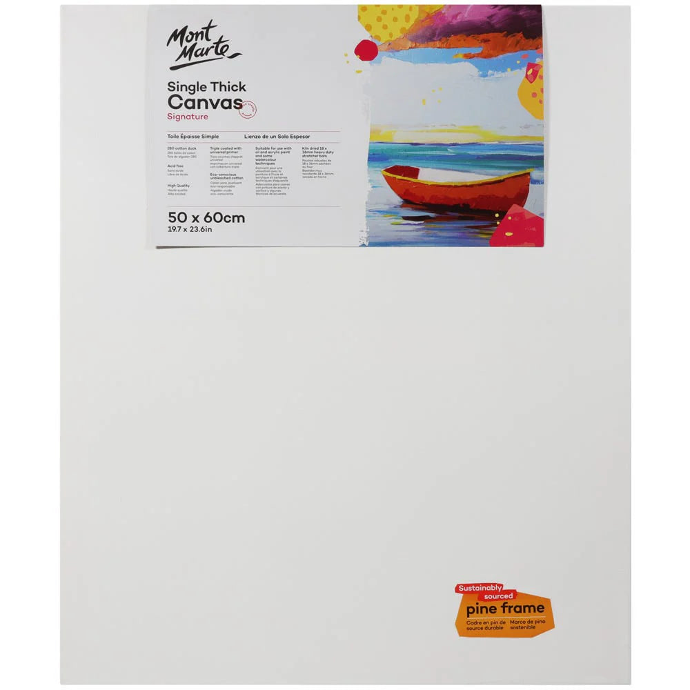 white primed canvas; rectangular pine wood frame; 50x60cm size label; packaging label with boat artwork;