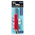 red and grey coloured pencils; includes 6 pencils; eraser with Mont Marte logo; metal sharpener with transparent casing; packaged on blue card with artwork;
