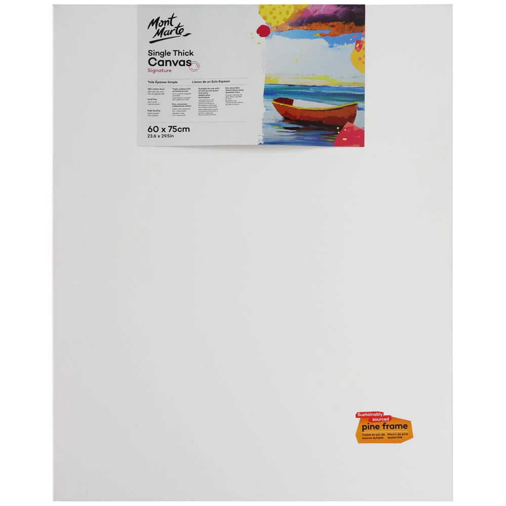 white canvas surface; colorful label with boat image; rectangular pine wooden frame; 60 x 75 cm size indicated on label;