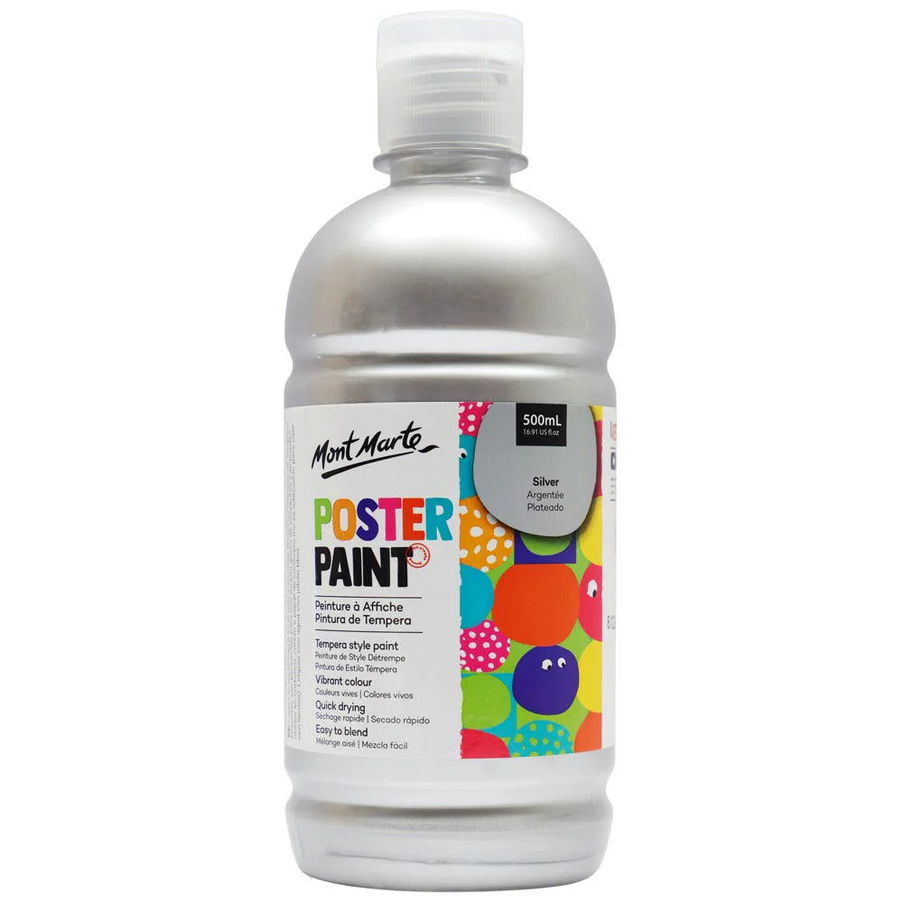 silver colour; 500ml plastic bottle; white screw cap; bright and colourful label with text and graphic accents;