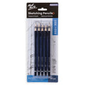 10 pencils in navy-blue hexagonal barrels; varied lead hardness grades labelled on packaging (2H, HB, 2B, H, 4B, 6B, 8B); packaged in clear plastic blister on cardboard backing; white text on black and blue packaging;