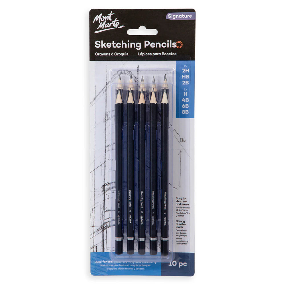 10 pencils in navy-blue hexagonal barrels; varied lead hardness grades labelled on packaging (2H, HB, 2B, H, 4B, 6B, 8B); packaged in clear plastic blister on cardboard backing; white text on black and blue packaging;