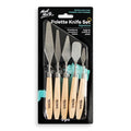5 palette knives with different blade shapes; stainless steel blades; natural wood handles; black branded packaging; packaged in clear plastic blister;
