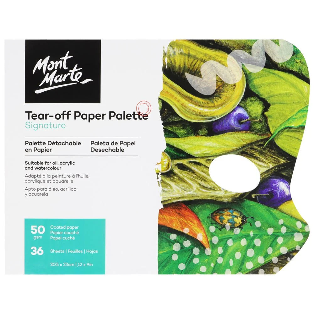 white paper palette pad with 36 sheets; palette shaped with thumb hole; colourful leafy vegetable design on cover; information printed in English, French and Spanish;