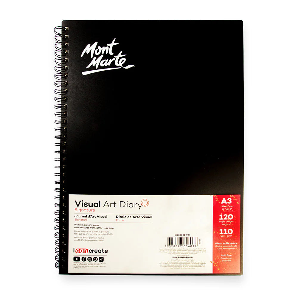 black front cover with Mont Marte logo; spiral bound on left side; white label with product information; red accent on label with size and page details;