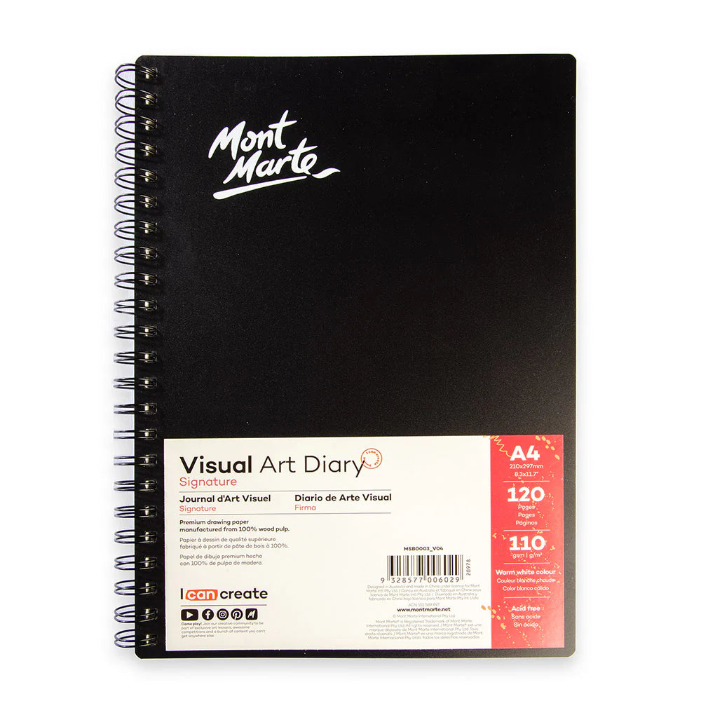 black spiral bound cover; Mont Marte logo in white; A4 size label visible; 120 pages indicated; red and white product label on cover;