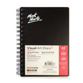 Black cover with Mont Marte logo; Spiral binding on the left side; Label showing A5 size and 120 pages; Red and cream label with product info; Warm white paper, 110gsm weight;