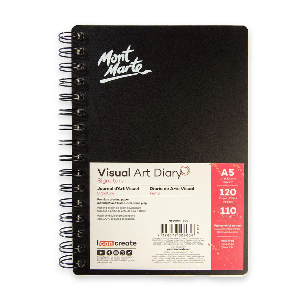 Black cover with Mont Marte logo; Spiral binding on the left side; Label showing A5 size and 120 pages; Red and cream label with product info; Warm white paper, 110gsm weight;