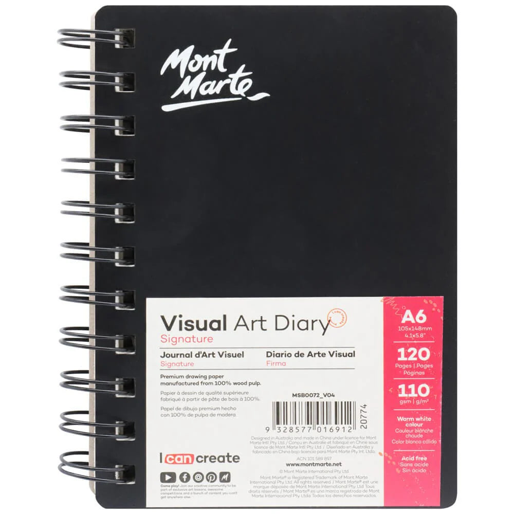 black cover with Mont Marte logo; spiral binding; A6 size label; 120 pages indicated; warm white colour paper;