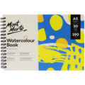 A5 spiral bound book; Blue, yellow and white abstract patterned cover; 30 sheets of paper; 190gsm paper weight; Heavyweight backing card;