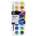 plastic palette with transparent lid; 16 round cake colours in various hues; includes a fine paintbrush; packaging features colourful abstract design; compact rectangular shape;