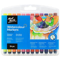 24 markers in assorted colours; triangular grip barrels; plastic transparent carry case; watercolour paint effect illustration on packaging; 4mm bullet tip shown on packaging;