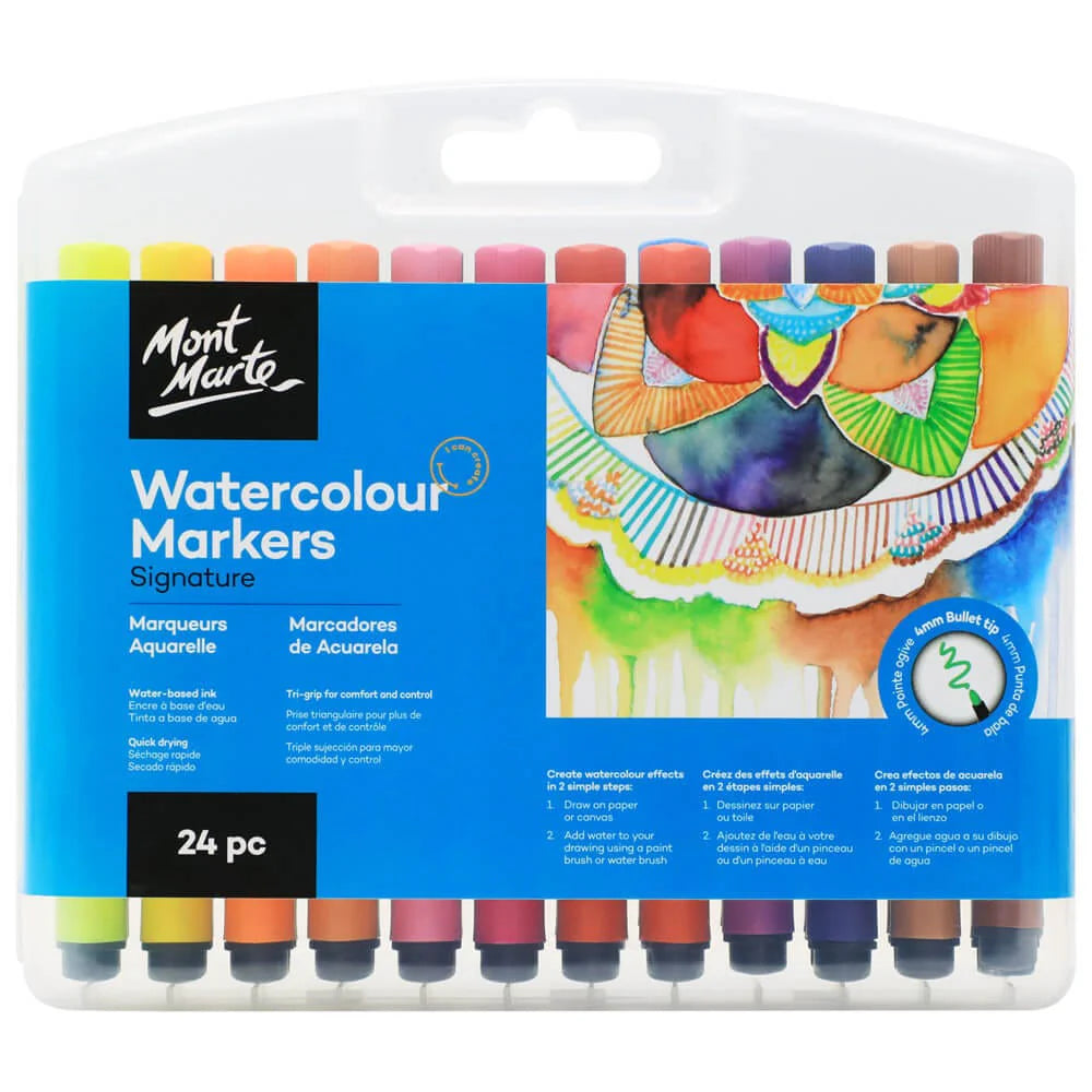 24 markers in assorted colours; triangular grip barrels; plastic transparent carry case; watercolour paint effect illustration on packaging; 4mm bullet tip shown on packaging;