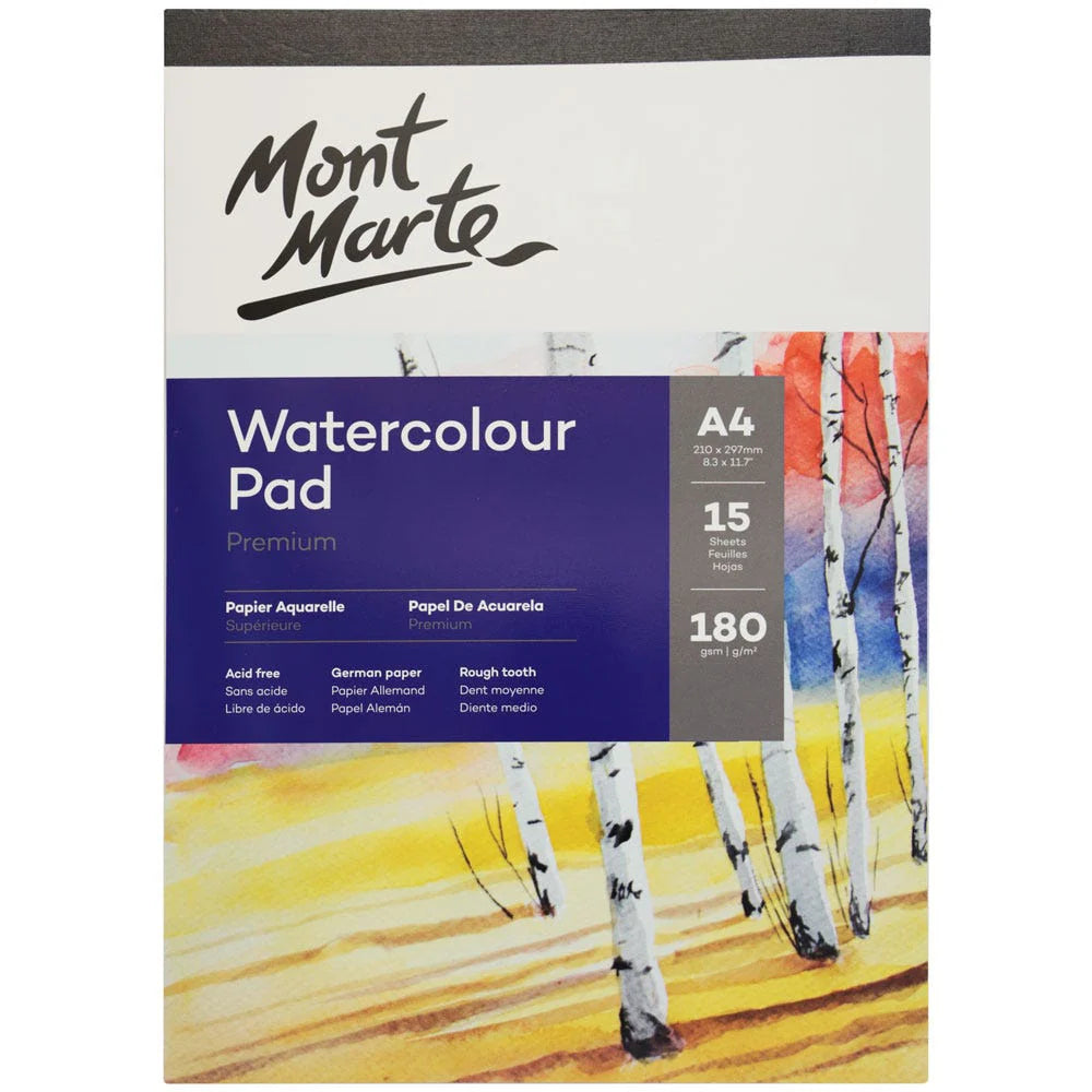 A4 size pad; 180gsm weight; 15 sheets; packaging shows autumn trees watercolour artwork; brand Mont Marte logo on top;