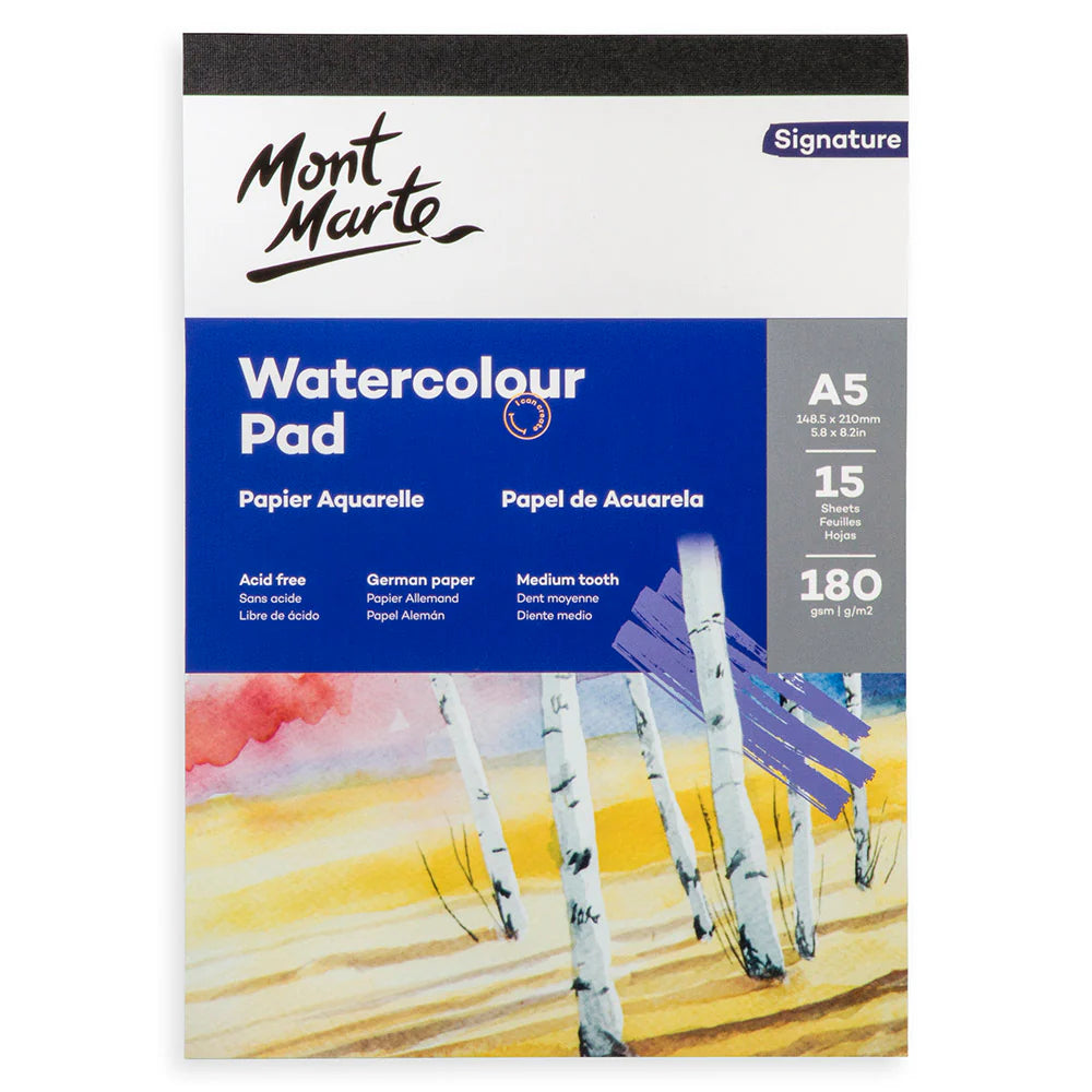 White and blue cover with birch tree watercolor artwork; Labelled A5 size 148.5 x 210 mm; 15 sheets indicated on packaging; 180 gsm paper weight; Brand Mont Marte visible;