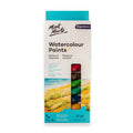 white box packaging with blue landscape artwork; visible paint tubes through window; paint tubes labelled with colour names; 12ml paint tube size; various colours including red, green, blue, ochre;