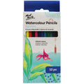 White pack with blue top flap; Window shows 12 coloured pencils; Colours include yellow, orange, red, pink, purple, blue, green; Illustration of leaves and a pink fish on the pack; Text states 'Watercolour Pencils Signature';