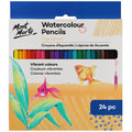 Pack of 24 coloured pencils; Multicoloured pencils in a row; Brand Mont Marte with blue and white packaging; Illustration of fish and leaves on packaging;