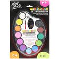 Assorted bright watercolour paints in a palette; Includes a red paintbrush; Black and colourful packaging; 14 pieces in set; Oval-shaped paint palette with thumb hole;