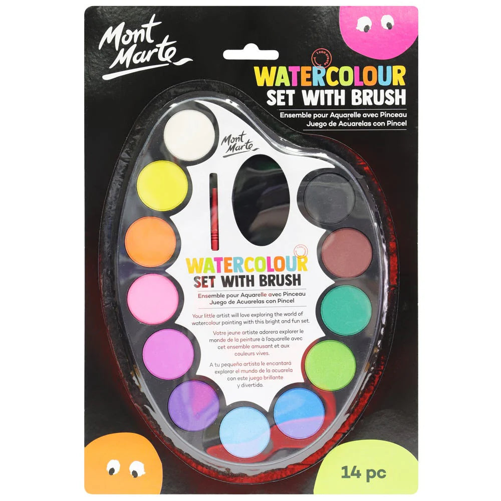 Assorted bright watercolour paints in a palette; Includes a red paintbrush; Black and colourful packaging; 14 pieces in set; Oval-shaped paint palette with thumb hole;