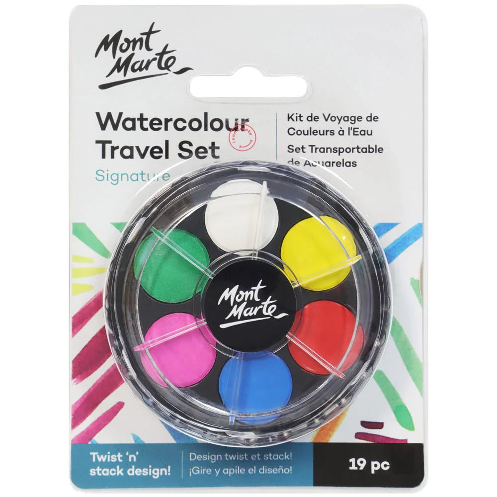 circular palette with 6 colour pans; colours include white, yellow, red, blue, pink, green; clear plastic lid; white cardboard backing with Mont Marte branding; blue and black twist and stack design;