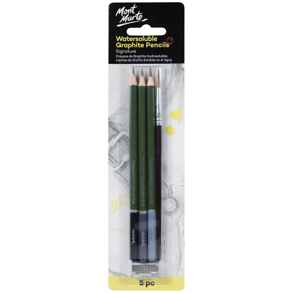set of 5 green and black pencils with silver markings; includes a small paintbrush; packaged in clear plastic blister; packaging has black and yellow design with brand Mont Marte; visible pencil tips sharpened;