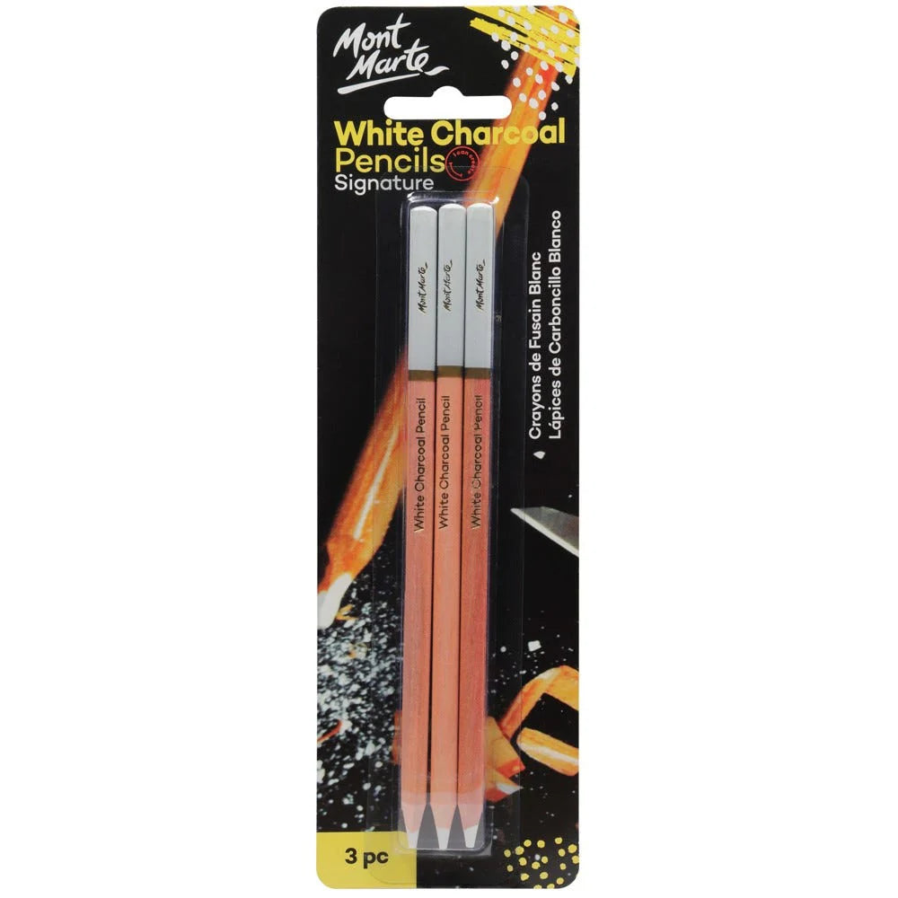3 white charcoal pencils in pack; wooden pencils with orange bodies; white coloured tips; black and yellow branded packaging;