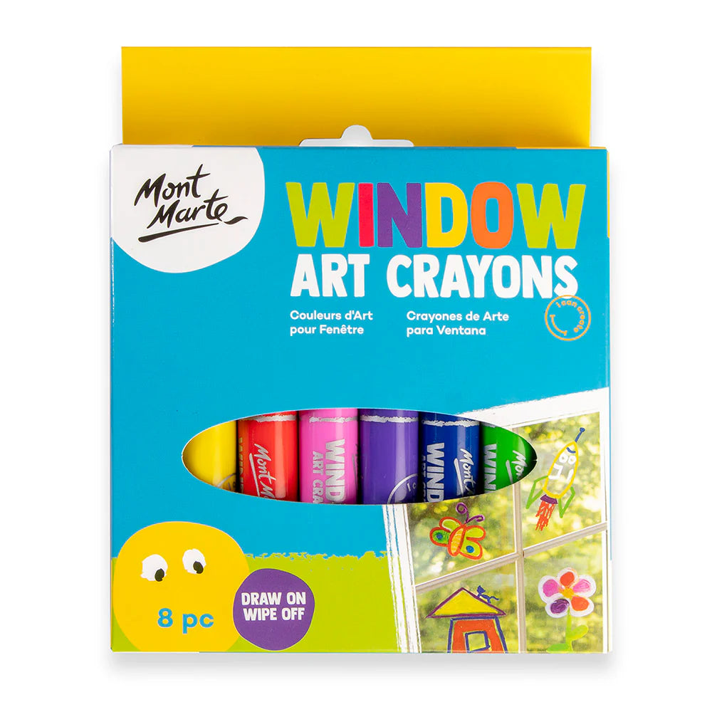 8 colourful crayons in assorted bright colours; Blue and yellow packaging with a window showing crayons; Cartoon style window drawings on packaging; Compact rectangular box packaging;