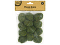 pack of 12 moss balls; green moss texture; plastic packaging with kraft paper header label; balls size approx 3.5cm x 5cm;